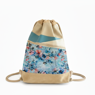 Nahrbtnik s špago - bež, modri cvetovi